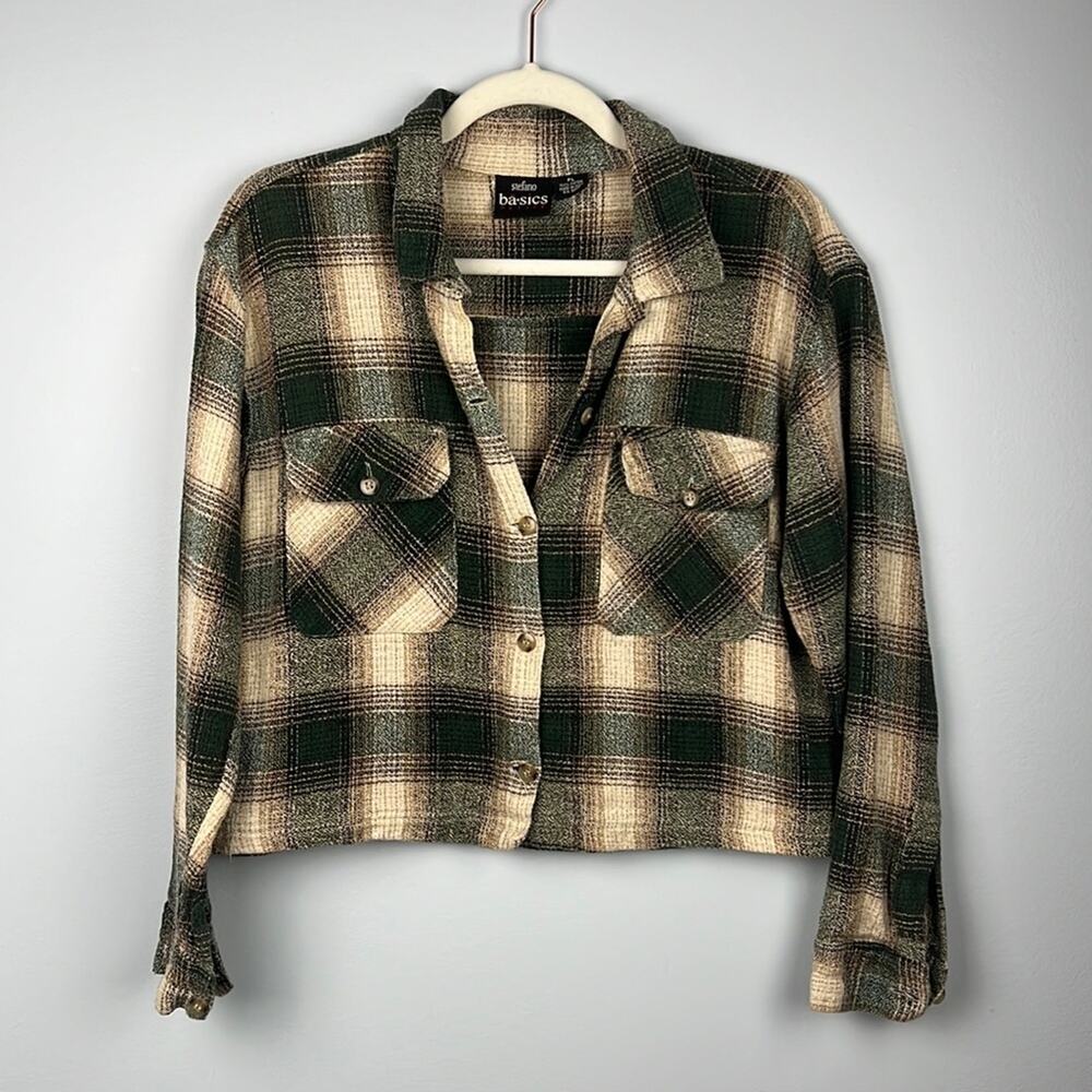 Vintage large long sleeve cropped plaid button down shacket by Stefano Basics